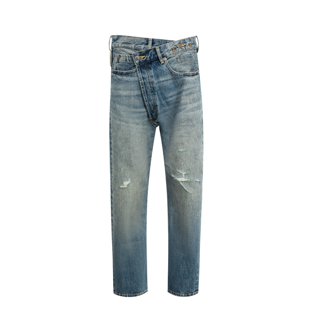 Image 1 of 3 - BLUE - R13 Crossover Jeans featuring fading, whiskering, and distressing throughout, belt loops, five-pocket styling, offset button-fly, raw edge at rolled cuffs and logo patch at back waistband. 100% cotton. Made in Italy.
