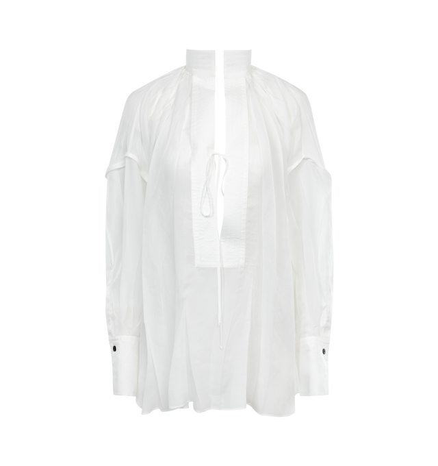 Image 1 of 2 - WHITE - FERRAGAMO Organza Blouse featuring plunging V-neckline, spread collar, long sleeves, button cuffs, pleated back, mid-length and loose fit. Silk/nylon/polyamide. Made in Italy. 