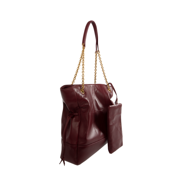 Image 2 of 3 - RED - Saint Laurent YSL 4.3 Jamie Tote Bag has an open top with a snap and drawstring closure, chain and leather shoulder strap, and an interior zipper pocket. 10.6 H x 13.4 W x 1.2 D. Quilted leather. Made in Italy.