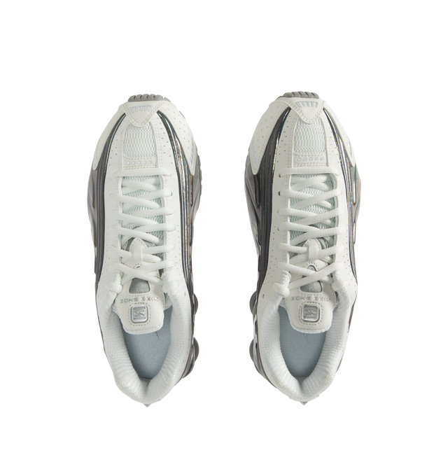 Image 5 of 5 - MULTI - NIKE Shox R4 Sneaker featuring Nike Shox columns, synthetic and textile upper, circular Waffle outsole, laser perforations throughout provide ventilation and reflective details.