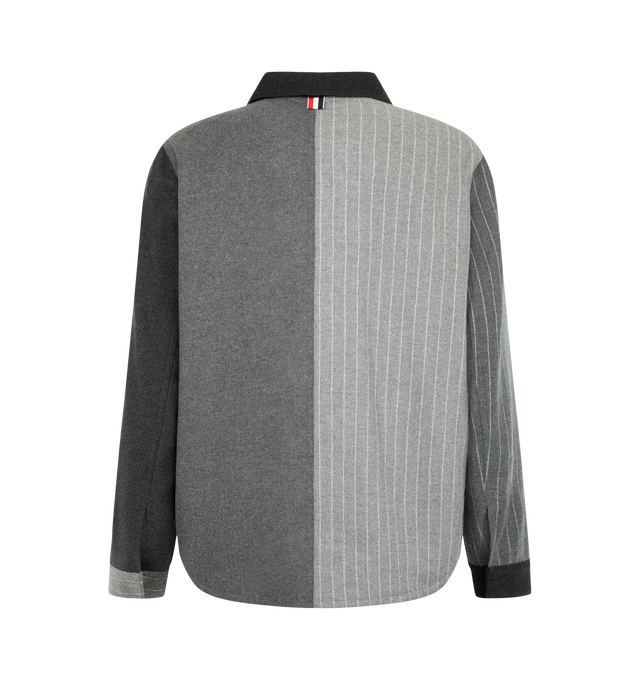 Image 2 of 2 - GREY - Thom Browne Men's Funmix Utility Patch Pocket Jacket is crafted from contrasting wool panels in a patchwork construction that creates a richly textured, mixed-material look. Designed with a boxy utility-inspired silhouette, the jacket features a spread collar, front button closure, button cuffs, and oversized patch pockets at the chest and front. A full lining completes the tailored design, balancing workwear influences with Thom Browne's refined craftsmanship. Main Material: 100% Wool