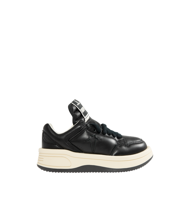 Image 1 of 5 - BLACK - Rick Owens DRKSHDW x Converse TURBOWPN Ox Sneakers featuring low-top, buffed leather, perforated detailing at toe and sides, lace-up closure, logo flag at extended padded tongue, padded collar, logo cutout at sides, buffed faux-leather lining and treaded rubber platform sole.