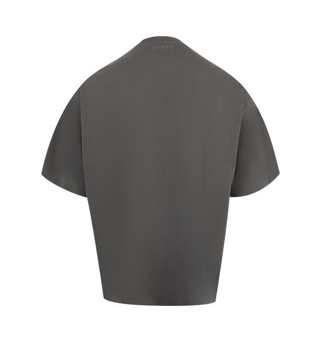Image 2 of 2 - GREY - VETEMENTS Metal Logo Regular T-shirt featuring cotton jersey, rib-knit crewneck, logo printed at chest and logo embroidered at back collar. 100% cotton. Made in Portugal.