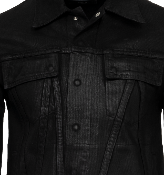 Image 4 of 4 - BLACK - AMIRI Wax Trucker Jacket featuring spread collar, long sleeves, chest flap pockets and side-seam pockets and button front closure. Made in Italy. 