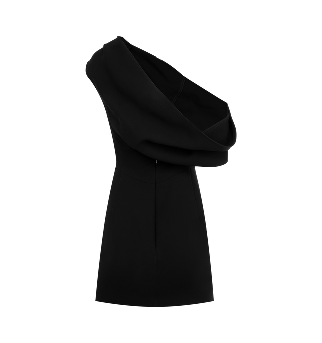Image 2 of 2 - BLACK - JACQUEMUS Pesce Short Dress featuring draped shoulder dress, short fitted shape, compact viscose crepe, asymmetric draped neckline, one spaghetti strap and draped sleeve, plunging draped back, invisible zipper in the back and mini-length hem with invisible stitching. 70% polyester, 30% viscose. Made in France.