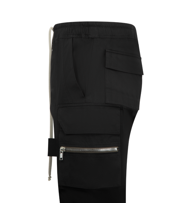 Image 3 of 3 - BLACK - RICK OWENS Mastodon Cargo Pants featuring slim-fit, drawstring at elasticized waistband, four-pocket styling, button fly, rib-knit cuffs and cargo and zip pockets at outseams. Made in Italy.