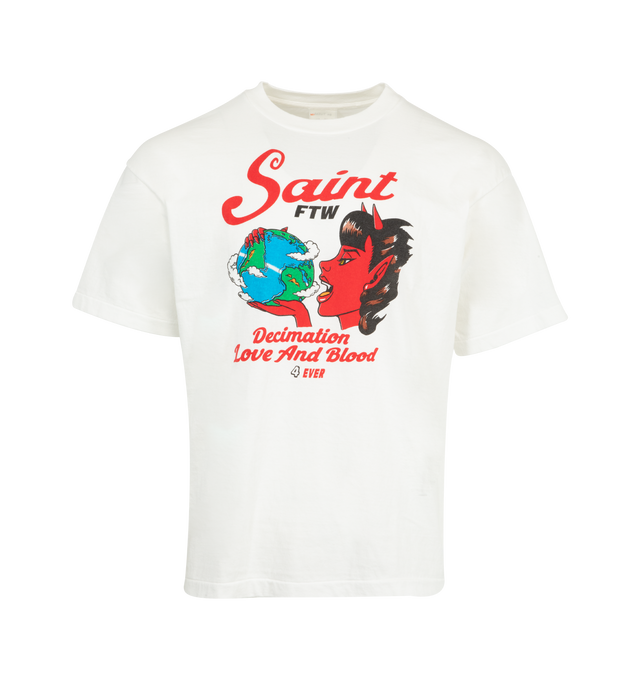 Image 1 of 2 - WHITE - SAINT MICHAEL Saint Devil T-shirt featuring ribbed crewneck, short sleeves and front graphic print. 100% cotton. Made in Japan.