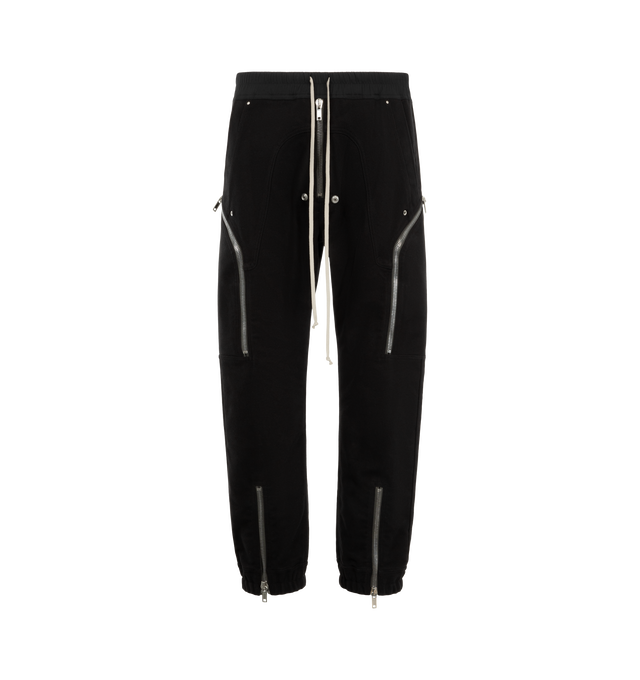 Image 1 of 3 - BLACK - Rick Owens Mens Heizer Cargo Pants are crafted from cotton poplin. Feature a slim fit, elasticized waistband with drawstring, exposed Bela front zip closure with snap detail, angled zip cargo pockets, front shin zip openings, elasticized cuffs, side welt pockets, back flap pockets with snap closures, and double topstitch detailing. Main Material: 97% Cotton, 3% Elastane. Made in Italy.