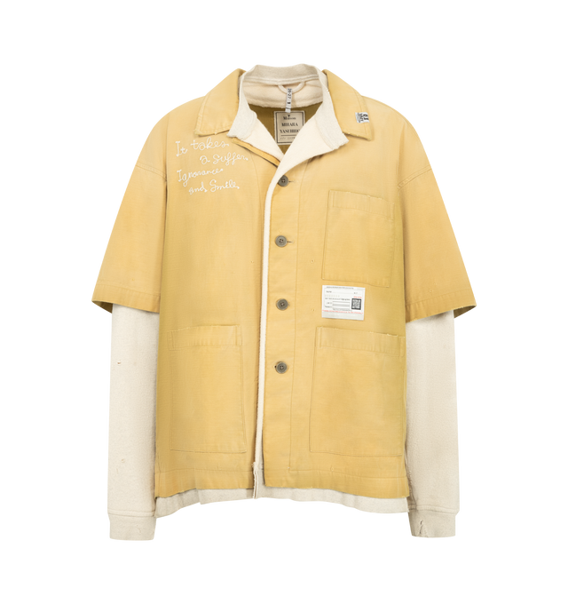 Image 1 of 2 - YELLOW - Maison Mihara Yasuhiro Layered-Design Sweatshirt Jacket is crafted from cotton and features a layered construction, embroidered slogan detailing at the front, a button-front closure, and a classic collar. Designed with a workwear-inspired silhouette, this statement piece combines textured layering with the brand's signature graphic aesthetic. Main Material: 100% Cotton.