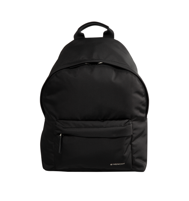 Image 1 of 3 - BLACK - GIVENCHY Essential U Backpack featuring zipper closure with double leather zipper pull, metal GIVENCHY signature on the front, comfortable adjustable padded straps, one zippered pocket on the front and one flat pocket inside. 12.6 in x 16.9 in x 7.9 in. 100% polyamide. Secondary material: 100% calfskin leather. Made in Italy.