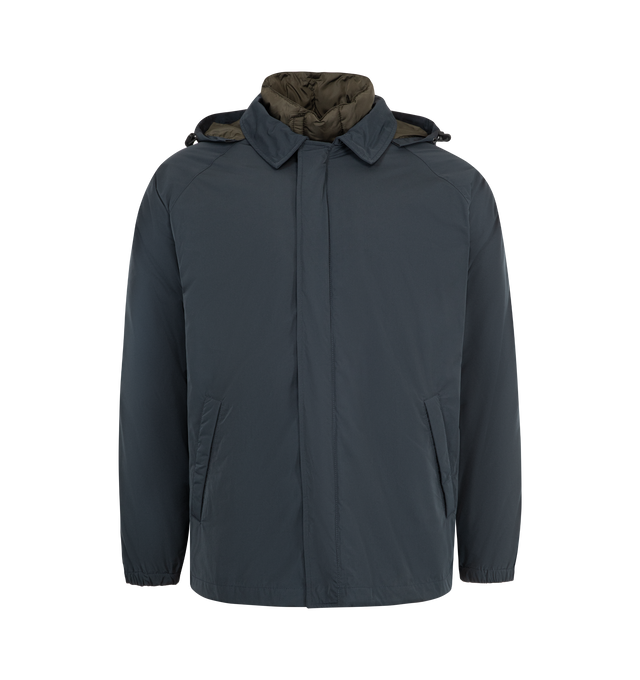 Image 1 of 4 - NAVY - ASPESI Porto Jacket featuring lined waterproof technical taffeta, front fastening with a zip and concealed press studs, two lower welt pockets, adjustable hood with a drawstring, detachable interior in water-repellent recycled nylon, padded with wadding made from recycled material and equipped with a stand-up collar, front zip fastening and two slanted pockets with zip. 100% polyamide.