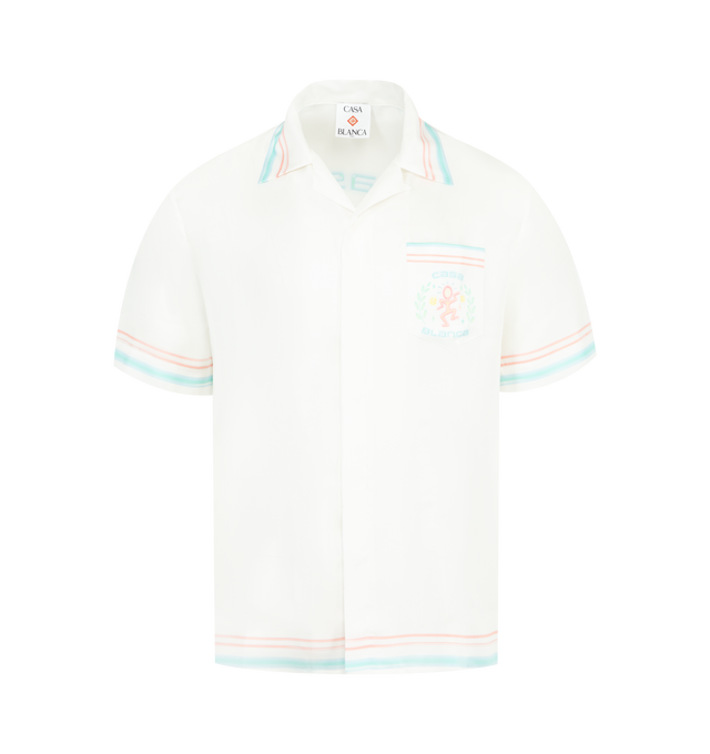 Image 1 of 2 - WHITE - CASABLANCA Dance Joy Shirt featuring Cuban collar, back print, chest pocket, button front closure and short sleeves. 100% silk.