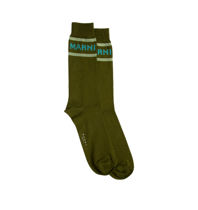 Image 1 of 2 - GREEN - MARNI SOCKS featuring rib knit cuffs, jacquard logo at face and logo printed at sole. 80% cotton, 20% nylon. Made in Italy. 