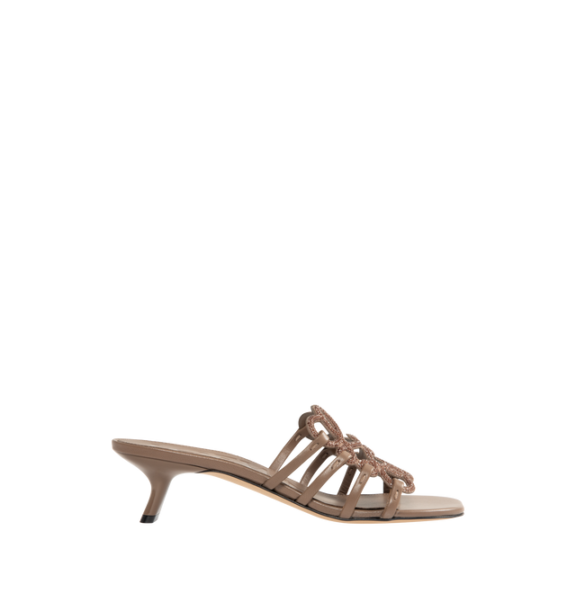 Image 1 of 4 - BROWN - LOEWE Petal Anagram Slide in rhinestone-embellished suede featuring a cut-out Anagram upper with hand-painted edges, hand-stitched seams, 45mm heel, embossed LOEWE insole, padded leather insole and rubber-injected island on the outsole. Suede/strass. Made in Italy.