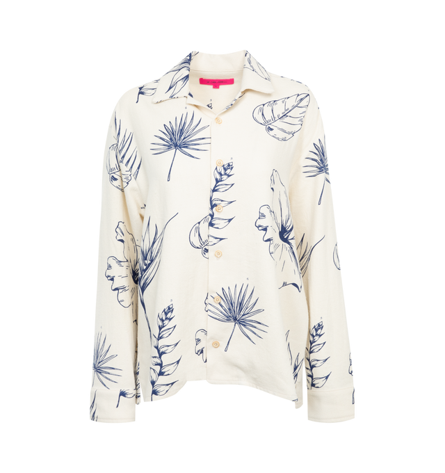 Image 1 of 2 - WHITE - THE ELDER STATESMAN Botanic Lounge Shirt featuring floral screen print thoughout, button closure, collar and long sleeves. 55% cotton, 45% silk.  
