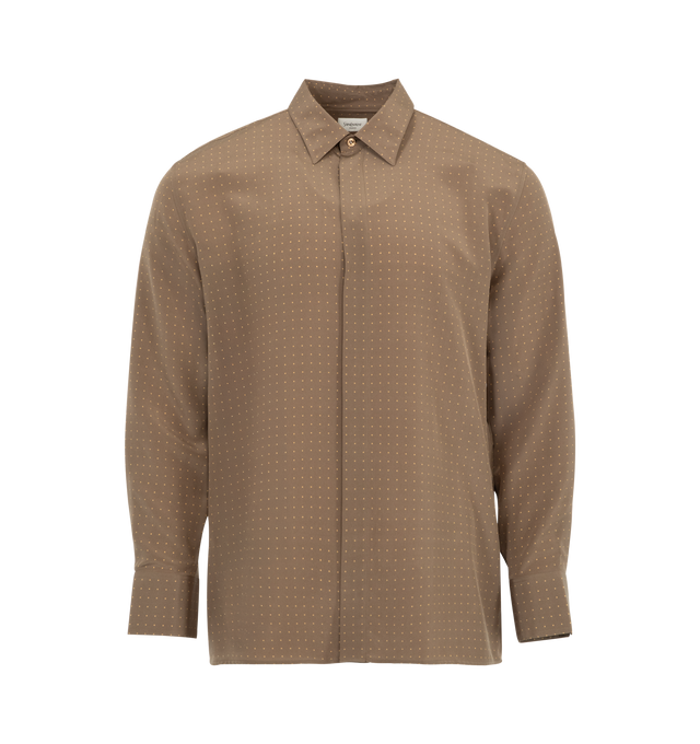 Image 1 of 2 - NEUTRAL - Saint Laurent Men's buttoned shirt made with certified silk, featuring a relaxed fit, pointed collar, straight shoulders, concealed front button closure and one-button cuffs.100% SILK. Made in Italy.
