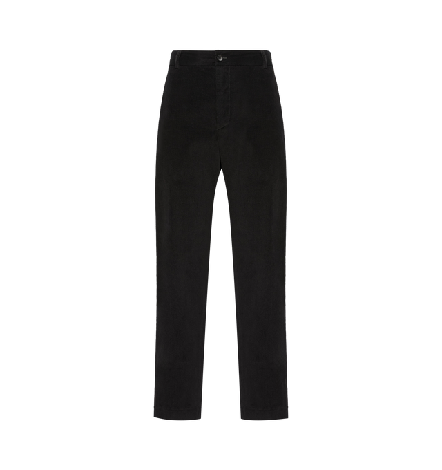 Image 1 of 1 - BLACK - Moncler Mens Trousers are crafted from a soft velvety courdoroy material and feature a zip fly with button closure, belt loops, side pockets, and back pockets. These designer trousers offer a versatile, everyday silhouette with functional detailing.