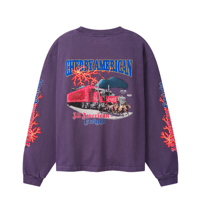 Image 2 of 6 - PURPLE - Cherry LA Men's American Freight Longsleeve T-Shirt is crafted from heavyweight cotton and features a boxy-fit silhouette with long sleeves and rib-knit cuffs. Designed with screen-printed graphics at the front, back, and sleeves, this statement style combines durable construction with bold Cherry LA artwork. Main Material: Heavyweight Cotton. Made in Los Angeles, California.