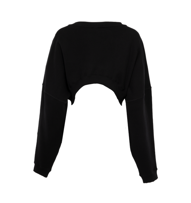 Image 2 of 3 - BLACK - SAINT LAURENT Cropped Sweater featuring wide round neck, ribbed trims, drop shoulder and tonal logo embroidery on sleeve. 100% cotton. Made in France.  