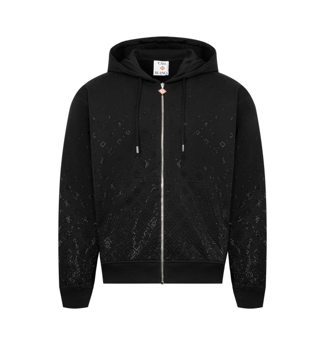 Image 1 of 2 - BLACK - CASABLANCA Crystal Monogram Zip-Up Hooded Sweatshirt featuring hood, drawstring fastening, a zip closure with logo on the zipper tab, patch pockets, and ribbed cuffs and hem detail. Made in Portugal.