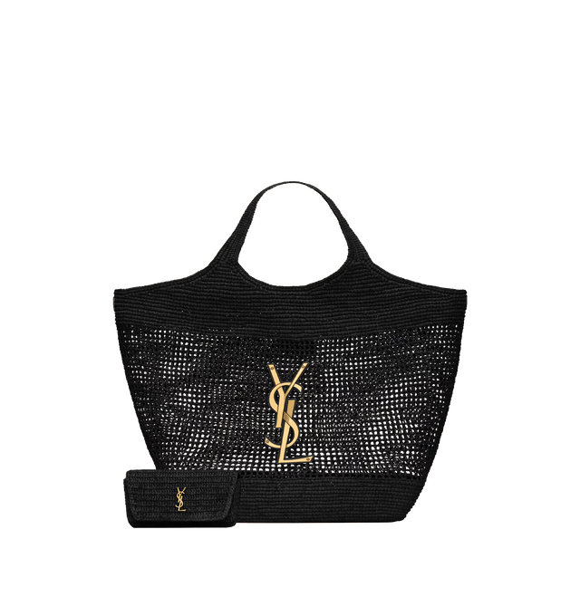 Image 3 of 5 - BLACK - SAINT LAURENT Icare Raffia Bag featuring maxi tote in natural raffia and vegetable-tanned leather, crocheted entirely by hand, cassandre on front, inner ties that allow the sides to be collapsed or expanded as desired, removable raffia sunglasses case affixed with a long chain and bronze-tone hardware. 14.621.7 X 16.9 X 2 inches. Handle drop: 8.7 inches. Raffia. Made in Madagascar.