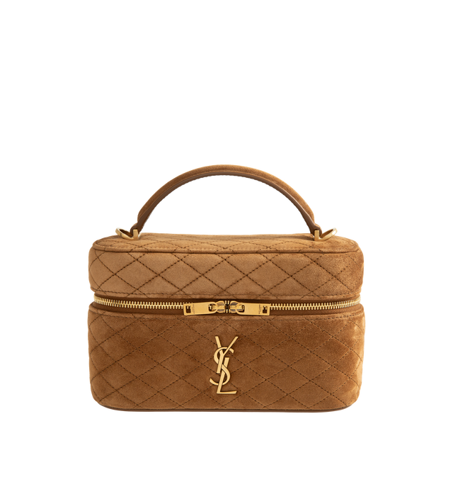 Image 1 of 3 - BROWN - Saint Laurent Women's Gaby Vanity Bag is crafted from suede calfskin and features the house's signature YSL 'CASSANDRE' logo, diamond-quilted topstitching, a top handle, and an adjustable, detachable shoulder strap. Designed for versatile day-to-evening wear, this compact vanity silhouette is finished with a zip-around closure, bronze-tone hardware, a leather-lined interior, and a card slot for organization. Main Material: Calfskin Suede. Lining: Leather. Hardware: Bronze-Tone Brass.