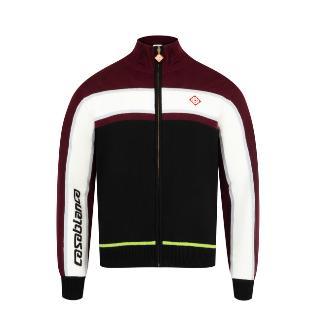 Image 1 of 2 - BLACK - CASABLANCA Stripe Merino Jacket featuring a refined aprs-sport design with a textured knit construction, full-zip closure, signature diamond logo, stripe details across the chest and sleeves, Casablanca branding and relaxed fit. 100% merino wool.