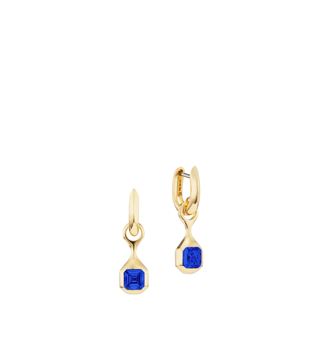Image 1 of 1 - GOLD - Uniform Object Carriage Huggies are crafted in 18K yellow gold and set with 3.0 asscher colored stone. For personal consultation and detailed information about jewelry, please contact our dedicated stylist team at personalshopping@hirshleifers.com