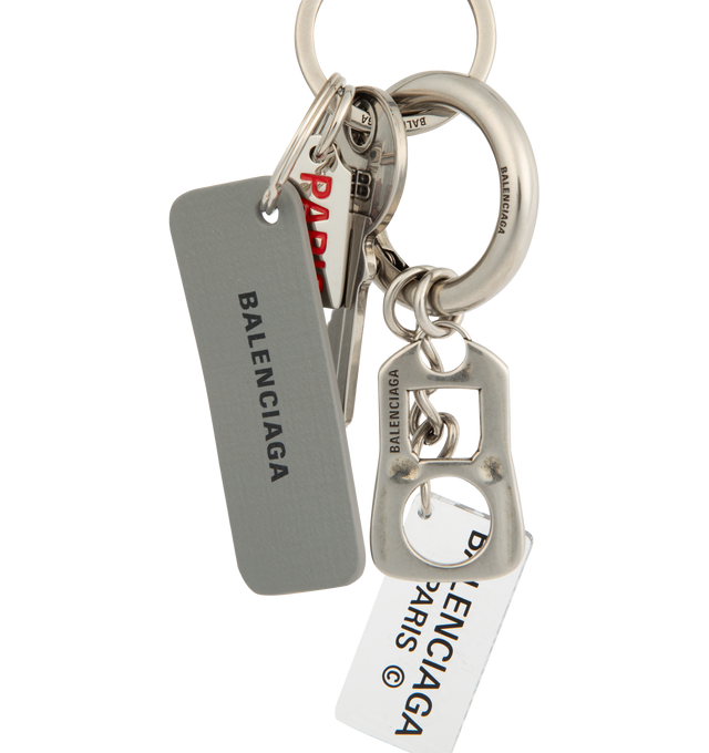 Image 2 of 2 - SILVER - BALENCIAGA All Access Keychain featuring accumulation of several charms, BB and Balenciaga logos engraved, multiple rings to attach on the bag or be used as a keychain. This item is nickel-free, lead-free, and hypoallergenic. L1,58 x H6,3 x W1,19 inch. Made in Italy.