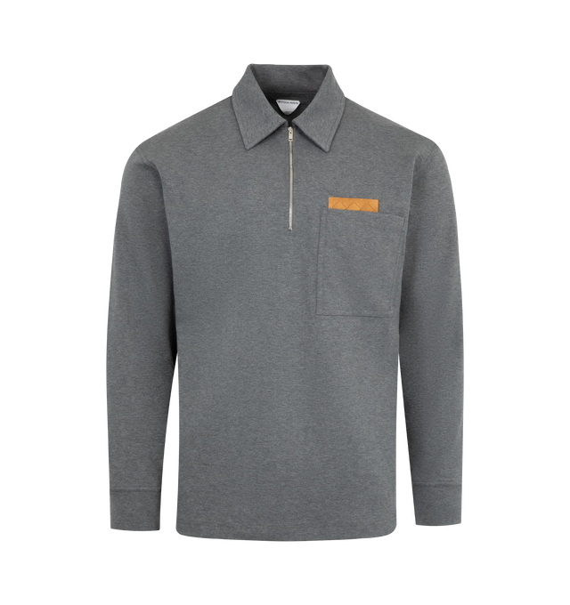 Image 1 of 2 - GREY - BOTTEGA VENETA Polo Sweater featuring a half-zip fastening, a patch pocket finished with an Intrecciato leather detail, long sleeves and a polo collar. 100% cotton.