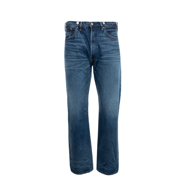 Image 1 of 4 - BLUE - Kaptain Sunshine 1930 Straight Denim Pants are a 5-pocket style with a button fly and a buckle back. 100$ cotton. Made in Japan.