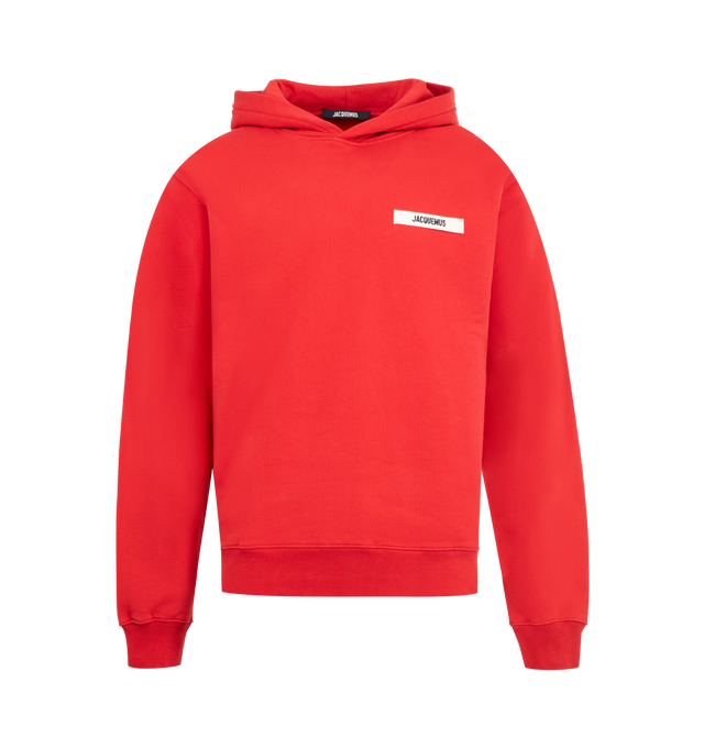 Image 1 of 2 - RED - JACQUEMUS Grosgrain logo hoodie featuring regular fit, cotton fleece, drawstring hood with engraved circle and square tips, embroidered grosgrain logo on chest and ribbed cuffs and hems. 100% cotton. Made in Portugal.