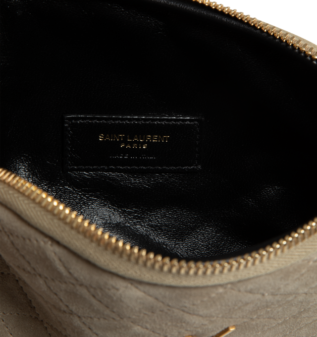 Image 3 of 3 - NEUTRAL - SAINT LAURENT Gaby Zipped Pouch in Suede featuring diamond quilted overstitching, zip closure, one main compartment and bronze toned hardware. 7.5 X 4.3 X 1.2 inches. 70% calfskin leather, 30% metal. 