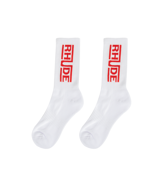 Image 2 of 2 - WHITE - RHUDE Champions Logo Sock featuring Rhude logo and ribbed knit. 80% cotton, 12% polyester, 8% spandex.