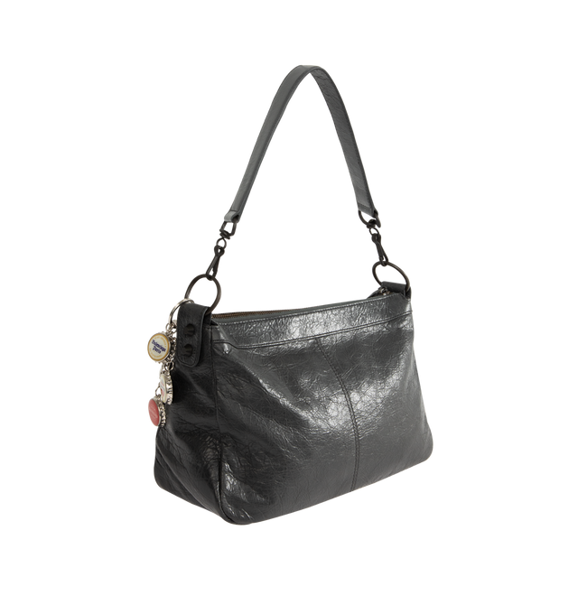 Image 2 of 4 - BLACK - BALENCIAGA Le City Moto Small BAG in volcanic rock Arena Storico lambskin featuring bottle caps charms, one removable shoulder strap, crossbody and shoulder carry, brass hardware, zipped closure with knotted leather puller, front zipped pocket with knotted leather puller, 1 main compartment, 1 inner zipped pocket and cotton canvas lining. L11 x H7.5 x W5.5 inch. Lambskin, brass, zamak. Made in Italy.