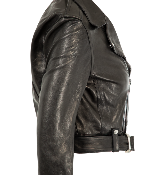 Image 3 of 3 - BLACK - RICK OWENS Cropped Luke Stooges Jacket featuring waist-length style, double-breasted front with an off-center zipper, wide collar and lapels with snap details, long sleeves with zip openings at the wrists, zipped pocket on the left forearm, a zippered jet pocket on the chest, shoulder epaulettes with snaps and a detachable belt that runs through loops at the back waistband and fastens with two D-rings. 100% leather.