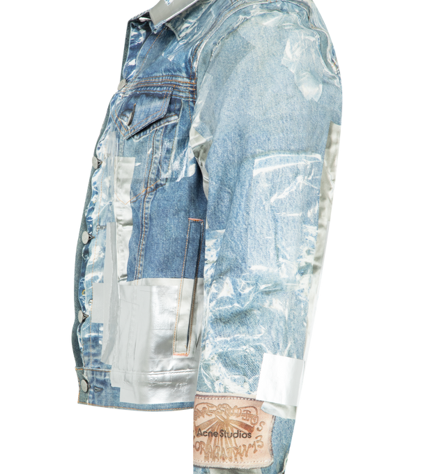 Image 3 of 3 - BLUE - ACNE Trompe-l'il Denim Jacket featuirng ready-to-dye cotton canvas with a brushed face, trompe-l'il tape print to mimic mended tears, with additional tape appliqu for texture, branded buttons, chest and side pockets, adjustable waist and sleeve tabs, fitted silhouette with cropped sleeves and waist-length hem. 100% cotton.
