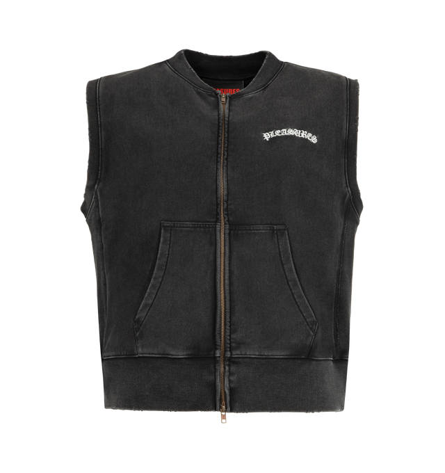Image 1 of 2 - BLACK - PLEASURES Neural Zip Vest featuring two-way front zip closure, sleeveless, split kangaroo pocket, embroidered graphic detail throughout and terrycloth lining. 91% cotton, 9% polyester.