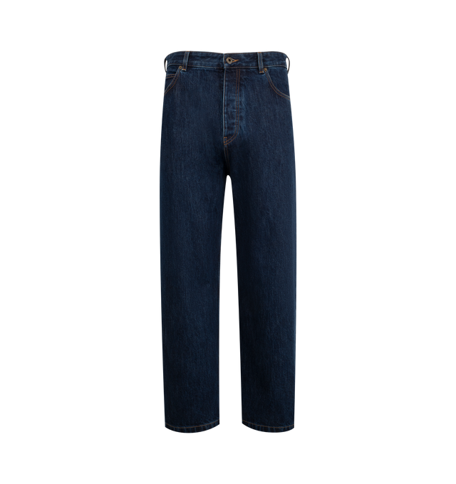 Image 1 of 3 - BLUE - LOEWE Jeans in medium-weight cotton denim featuring relaxed fit, regular length, mid waist, curved leg, concealed zip fly, five pocket style and LOEWE embossed leather patch placed at the back. 100% cotton. Made in Italy.