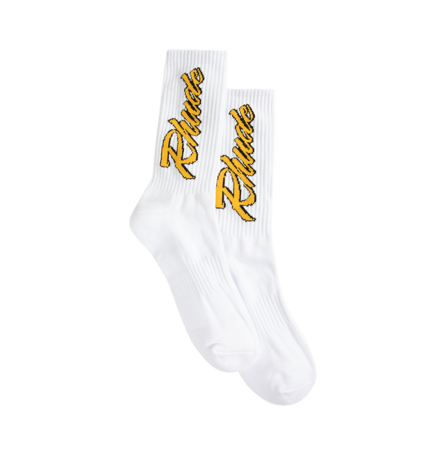 Image 1 of 2 - WHITE - Rhude Mens Vertical Race Trackt Socks are crafted from a cotton, polyester, and spandex blend. Feature a ribbed jersey construction and signature vertical Rhude logo. Main Material: 80% Cotton, 12% Polyester, 8% Spandex.