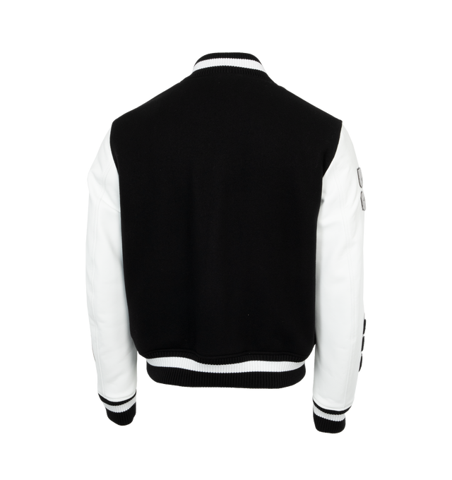 Image 2 of 3 - BLACK - OFF-WHITE Leather Wool Varsity Jacket featuring relaxed fit, leather sleeves with embroidered patches and classic ribbed detailing at the collar, waist and cuffs. 100% leather. 75% virgin wool, 25% polyamide.  