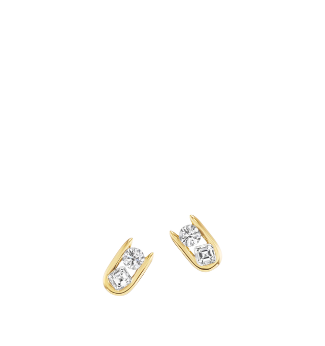 Image 1 of 1 - GOLD - Uniform Objects Major Impact Stud earrings are designed in 18K yellow gold and channel set with a brilliant cut diamond 0.66cttw and an Asscher cut emerald 0.70cttw. Hirshleifers offers a range of initial pieces from this collection in-store. For personal consultation and detailed information about jewelry, please contact our dedicated stylist team at personalshopping@hirshleifers.com. This item may be restricted for online purchase to international clients. For assistance purchasing