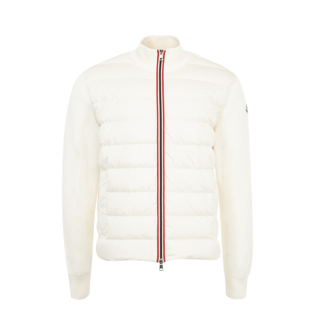 Image 1 of 3 - WHITE - Moncler Padded Sip-Up Cardigan has a stand collar, 2-way front zip closure with contrast trim, and zip pockets. 90% down, 10% feather. Made in Tunisia.