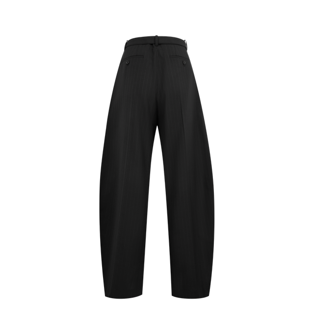 Image 2 of 3 - BLACK - SACAI Chalk Stripe Pants featuring wide-leg pinstripe pants, front and back pleats, back buttoned welt pockets and an attached belt with Sacai branded hardware. 70% polyester, 30% wool. Made in Japan.