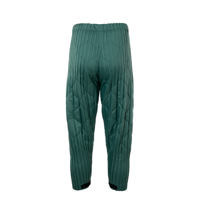 Image 2 of 4 - GREEN - ISSEY MIYAKE Padded Pleats Pants featuring release pleating, a relaxed shape with pleating only at the top and hems of the pant, an elastic waist and four pockets. 100% polyester. 