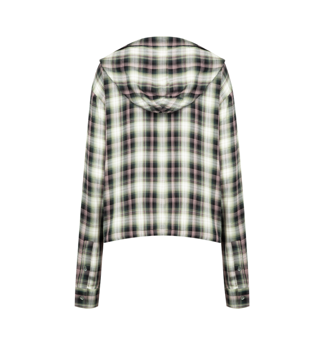 Image 2 of 2 - BLACK - ACNE STUDIOS Hooded Overshirt featuring a flannel check pattern, branded logo tab at the front, centre front button-up closure, shirt cuffs, drawcords at the hood and hem, side seam pockets, relaxed fit and hip length. 100% viscose.