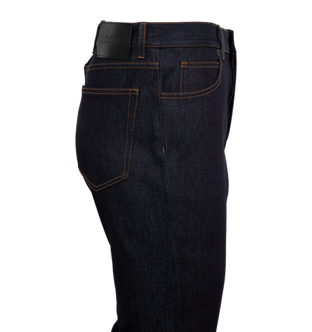 Image 2 of 3 - NAVY - LOEWE Bootleg Jeans featuring regular fit, regular length, mid waist, bootleg, belt loops, concealed button fastening, five pocket style and LOEWE embossed leather patch placed at the back. 100% cotton. 