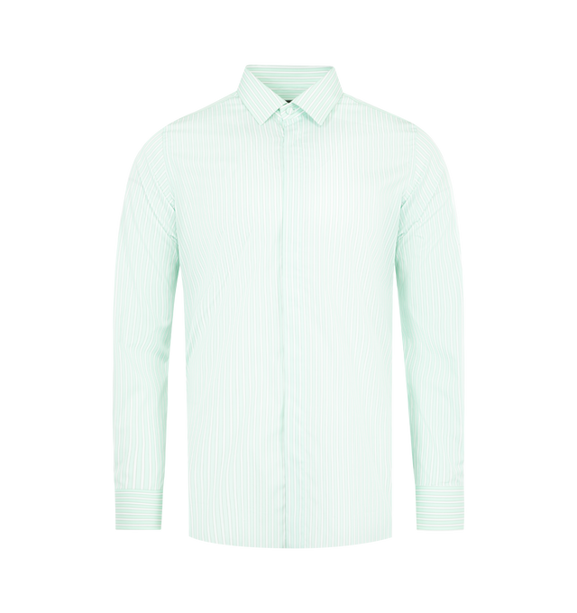 Image 1 of 2 - GREEN - TOM FORD Striped Cotton-Poplin Shirt featuring button-down closure, button cuffs, stripes throughout and classic collar. 100% cotton. Made in Italy.