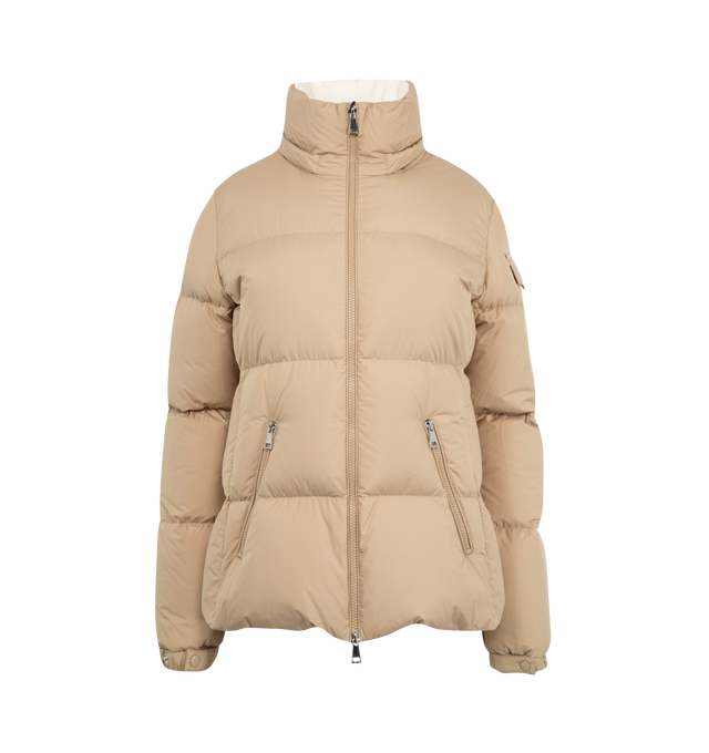 Image 4 of 4 - BROWN - MONCLER Fourmines Hooded Short Down Jacket featuring recycled polyester, down-filled, detachable and adjustable hood with recycled polyester lining, zipper closure, zipped pockets, sleeve pocket with snap button closure and adjustable cuffs. 100% polyester. Padding: 90% down, 10% feather.