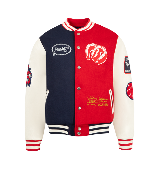 Image 1 of 4 - MULTI - MARKET Old West Varsity Jacket featuring faux leather long sleeves, ribbed neckline, ribbed cuffs and hem, Market brand patches and embroidery, snap-button front closure, side pockets and quilted lining with printed Market graphics. 50% polyester, 50% wool. Sleeves: 100% PU. Lining & filling: 100% polyester.